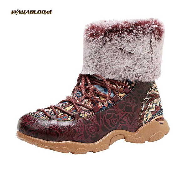 Handmade leather brushed printing plush leisure comfortable snow boots